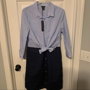 TAHARI Blue Button Front Tie Waist Shirt Dress 12